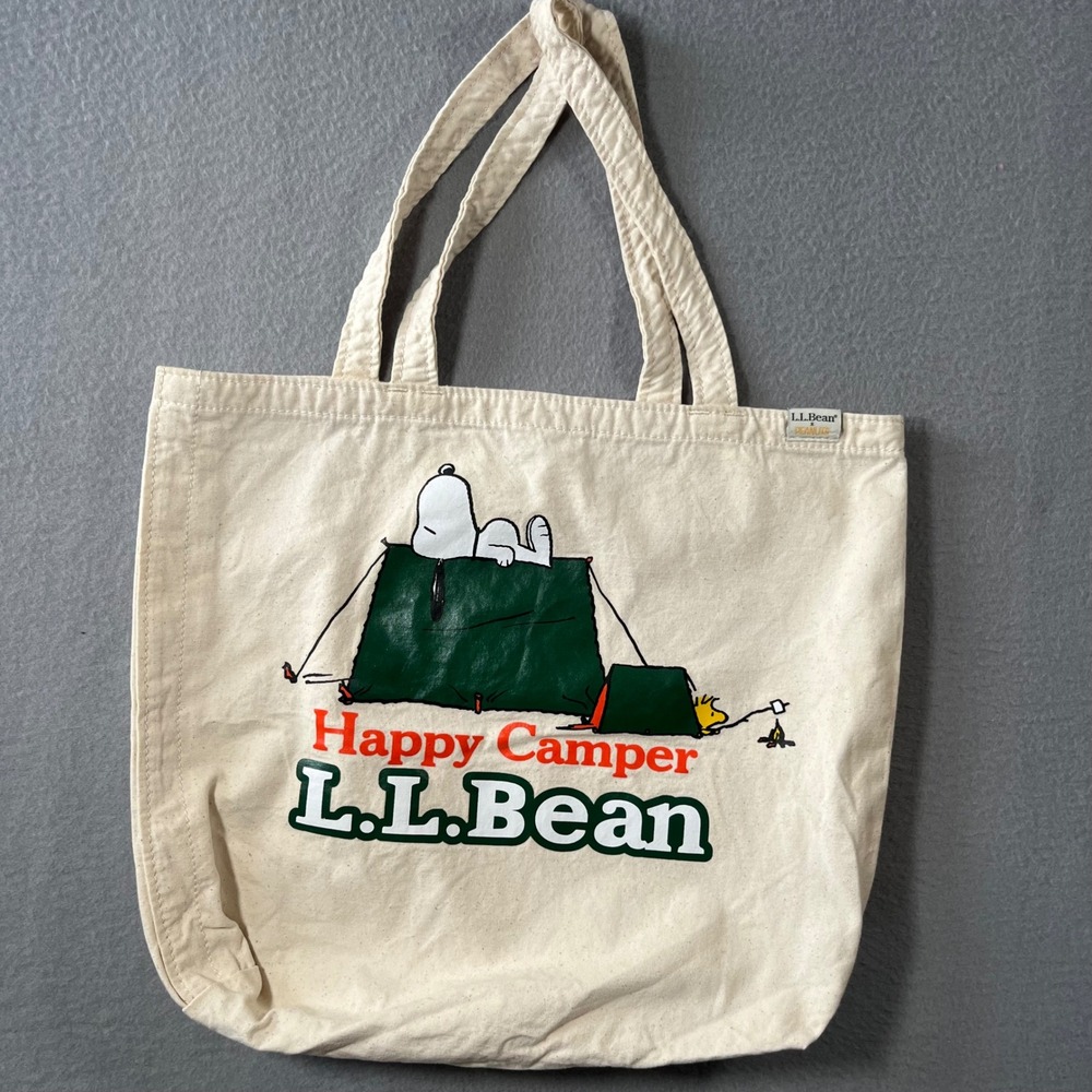 LL Bean x Peanuts Snoopy Happy Camper Canvas Tote Bag Cream Graphic Woodstock